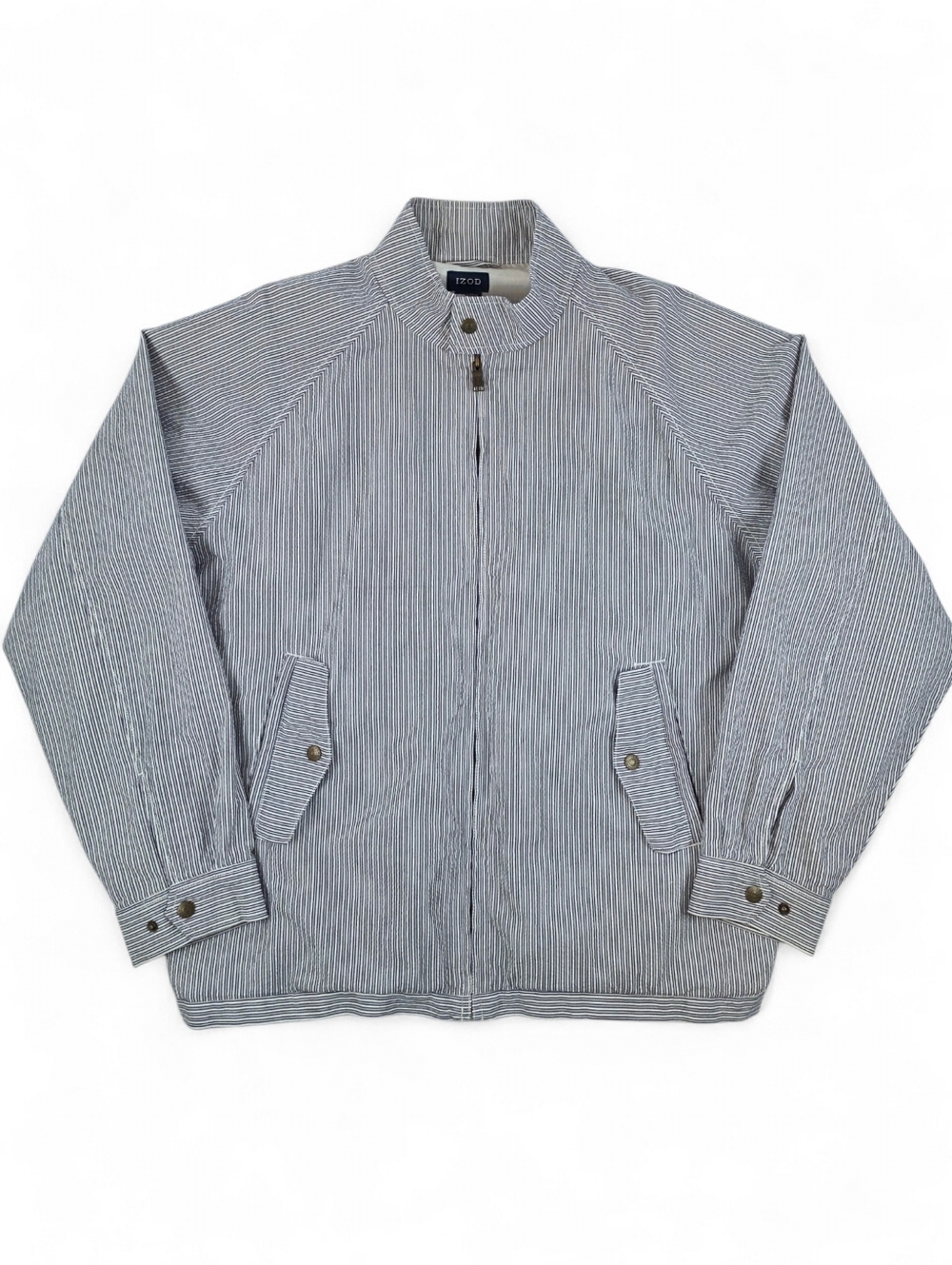 Seersucker Bomber Jacket Blue White Stripe Cotton Men Size L Preppy Coastal